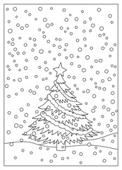Winter background with christmas tree. Snowy landscape with tree. Coloring book page for children. outline vector illustration isolated on white background.