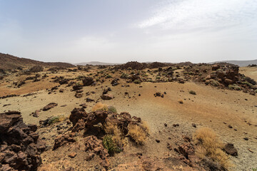 Desert landscape from Las Canadas caldera of Teide volcano. Mirador (viewpoint) Minas de San Jose Sur. Tenerife. Canary Islands. Spain.