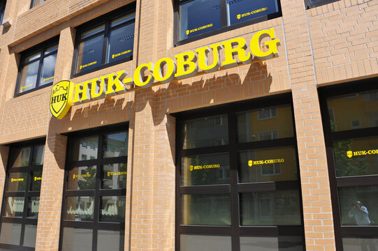 Hanover, Lower Saxony, Germany - May 25, 2014: Logo of HUK insurance in Hanover, Germany - HUK-COBURG is a German private health insurance company
