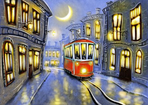 Tram in the night. Oil paintings landscape, old tram in old city.  Fine art, masterpieces paintings