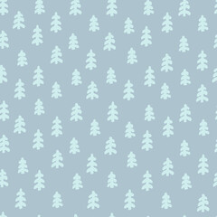 Seamless repeating pattern with snowy fir trees. Christmas, New Year Eve, winter concept. Light blue background for for gift wrap, surface design and other design projects