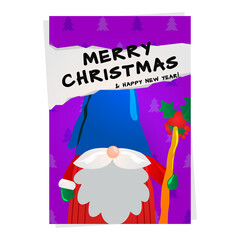 Purple merry christmas and happy new year greeting card template design with gnome character vector
