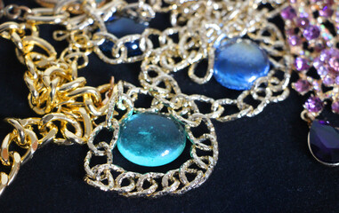 Vintage brooches with gemstones. Colorful fashion Luxury. Selective focus