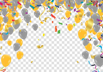 Vector Design golden color balloons with confetti, ribbons on light background. Festive illustration, greeting card