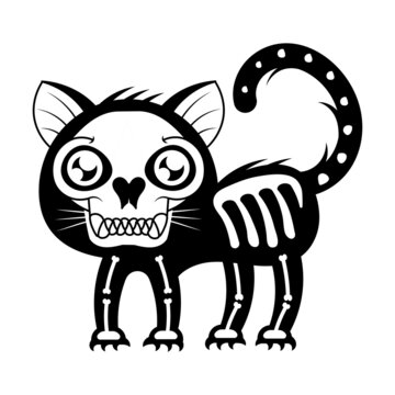 Greeting card with cats, skeletons with tattoo patterns. Black cats. Vector