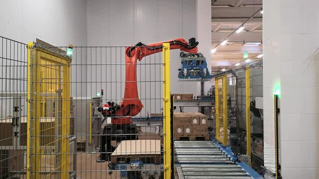 orange robot 180 kg loads milk cartons on pallets in milk production