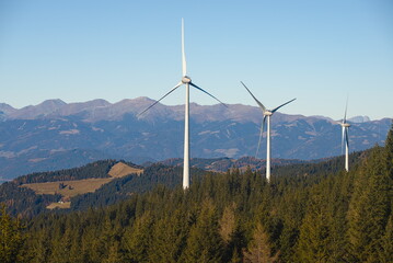 Panorama of wind turbines in mountains. Windmills in Gaberl, Styria, Austria.