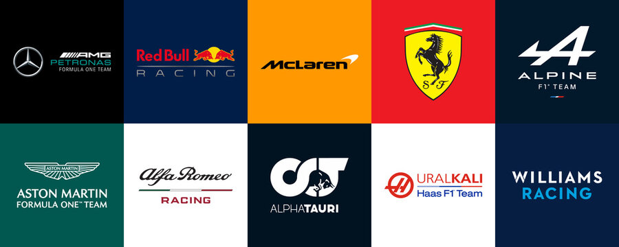 Formula 1 Team Logo Badges. F1 Teams Ferrari, Mercedes AMG, Red Bull, Alpine etc. Every Racing Team or Constructor Currently Competing in F1 Racing World Championship.