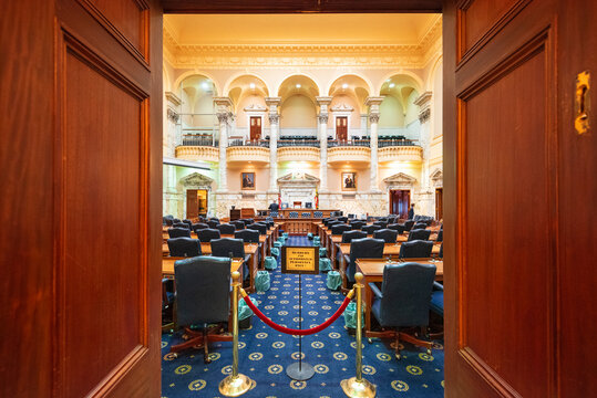 ANNAPOLIS, MARYLAND - APRIL 2, 2015: Interior of the Maryland State House in the Chamber of the Maryland State Senate.