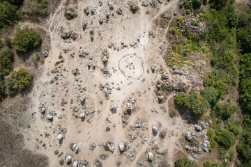 Aerial drone photo of Pobiti Kamani - natural phenomenon called Stone Forest in Bulgaria