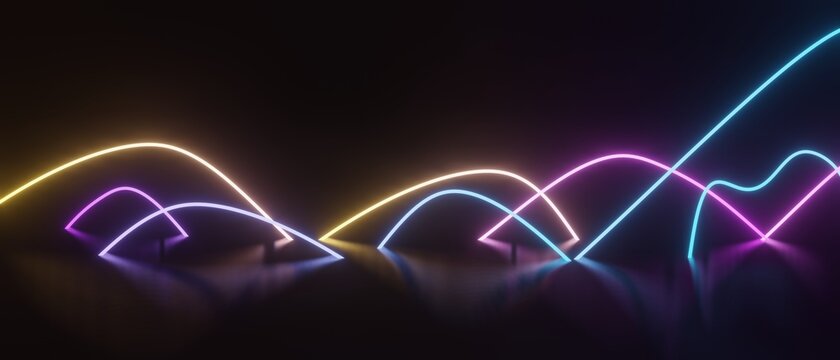 3d render of RGB neon light on darkness background. Abstract Laser lines show at night. Ultraviolet spectrum beam scene