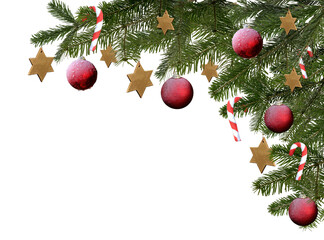 christmas tree branch isolated with red balls and stars