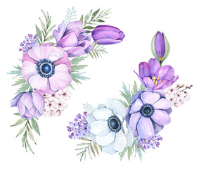 Spring flowers bouquet on a white background. Purple flowers. Cherry blossom, lilac, anemone. Watercolor illustration.