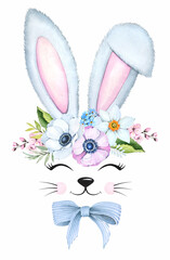 Easter bunny ears on white background. Cute white rabbit. Spring flowers bouquet. Watercolor illustration.