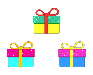 Set of three colorful icons of gift boxes on white background. Vector version.