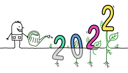 Cartoon Gardener Watering a big colored 2022 sign