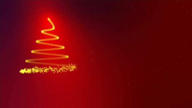 Glowing golden christmas tree on red gradient background in snow fall.Copy space with text.