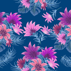 Fototapeta na wymiar Seamless pattern with blue tropical palm leaves and pink flowers on dark blue background. Floral decorative illustration vector.
