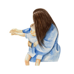 Woman holding her daughter and pointing on smth. Mother's day watercolor illustration. Family, love, hugs. Super mom. Best mom. For greeting cards, posters, invitations, albums, t-shirt prints, banner
