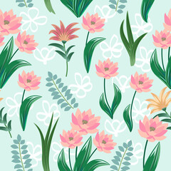 Seamless pattern with pink flowers and tropical leaves, vector  background,  plants, botanical design for fashion, fabric