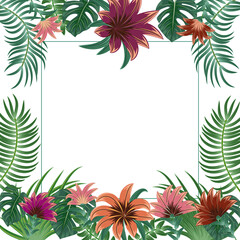 Fototapeta na wymiar Tropical frame of exotic flowers and palm leaves with copy space for text. For party invitations, wedding cards and sale posters. Vector illustration. Template design.