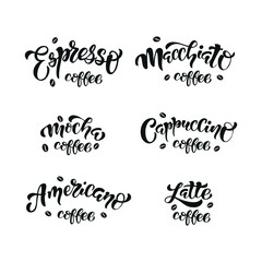 Hand drawn lettering coffe set. Vector illustration. Typography text design for a coffee house. Set of vector inscriptions.
