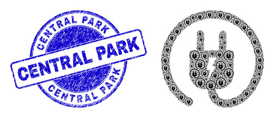 Vector electric plug icon composition is composed from random recursive electric plug pictograms. Central Park corroded blue round watermark. Recursive composition of electric plug icon.