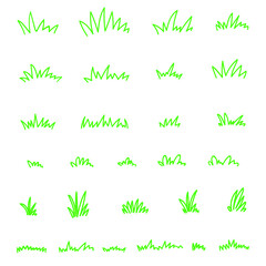 Vector grass icons set. Hand drawn green plants for logo, eco nature and trees design, doodle, cartoon and minimalism style, wallpaper, background, packaging, seamless patterns, textiles, fabrics