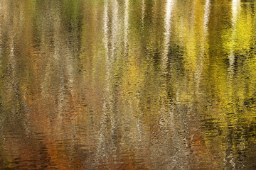 Abstract reflections of autumn forests on the restless surface of the lake