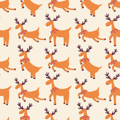 Seamless pattern Christmas happy reindeer with red bells on their necks. Funny animal. Good New Year spirit. Colorful vector illustration hand drawn. Wrapping, textile, fabric or paper