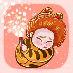 a girl in a tiger costume, can be used as a sticker, can be used as a sticker for social networks, a girl blows up a New Year's firecracker, girl with a firecracker, 