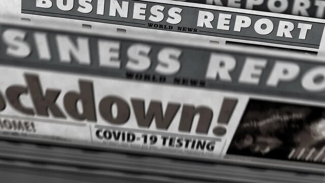 Lockdown COVID-19, closed economy and business crisis in coronavirus pandemic daily newspaper report printing. Abstract concept retro 3d rendering seamless looped animation.