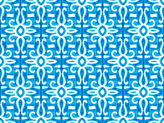 Seamless blue and white geometric pattern. Hand-drawn ornament. Bohemian style rug print. Watercolor illustration, drawing with markers.