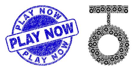 Obraz premium Vector tire swing icon composition is composed from randomized recursive tire swing parts. Play Now dirty blue round stamp seal. Recursion composition from tire swing icon.