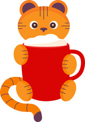 Cute little tiger holding red cup with hot milk. Flat cartoon style vector illustration.