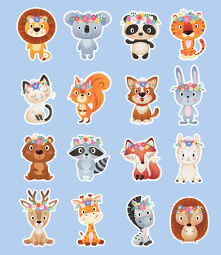 Cute summer and Spring animals sticker collection, flower wreath on blue Background