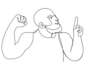 Bald man with a beard pointing his finger to the sky drawn with a continuous line on a white background. Strong man with muscles. Simple vector illustration of a wrestler.