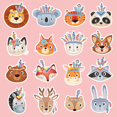 Cute brave ethnic Indians animals head with feathers sticker collection on pink Background