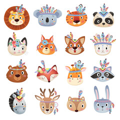Cute brave ethnic Indians animals head with feathers collection on white Background