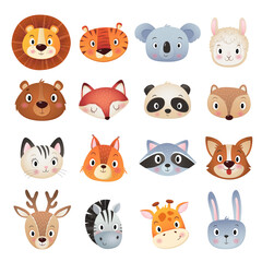 Cute animals head collection, on white Background