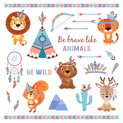 Be brave like animals brave ethnic Indians animals with feathers novelist of dreams wigwam arrows set on white Background © Наталья Пшеничная