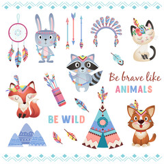 Be brave like animals Cute brave ethnic Indians animals with feathers novelist of dreams wigwam arrows set on white Background © Наталья Пшеничная