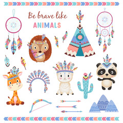 Be brave like animals brave ethnic Indians animals with feathers novelist of dreams wigwam cactus set on white Background