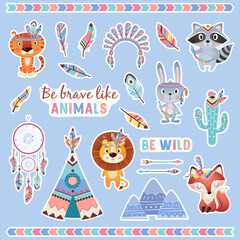 Fototapeta premium Be brave like animals Cute brave ethnic Indians animals with feathers novelist of dreams wigwam arrows sticker set on blue Background