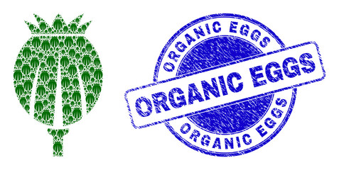 Vector poppy head icon composition is organized with random recursive poppy head pictograms. Organic Eggs corroded blue round seal print. Recursive composition from poppy head icon.