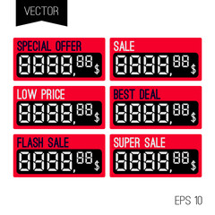 Digital price tag or numbers vector template for shop or supermarket. Store price label for retail display or sale. Price template for all digits. Shape for writing cost of product. Sale, best price, 