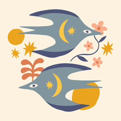 Childish cartoon boho night bird illustration naive funky handdrawn style art vector