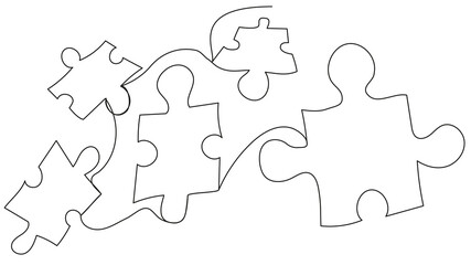 Simple illustration with scattered one line puzzles on a white background. Disassembled puzzle for children. Concept for team, colleagues, relationship, friendship, family, startup, business.