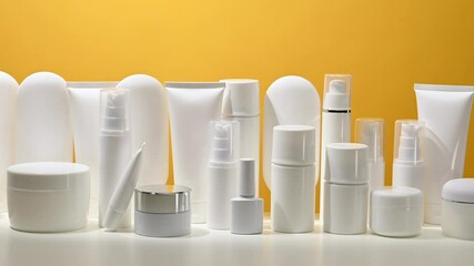 jar, bottle and empty white plastic tubes for cosmetics on a yellow background. Packaging for cream, gel, serum, advertising and product promotion, mock up