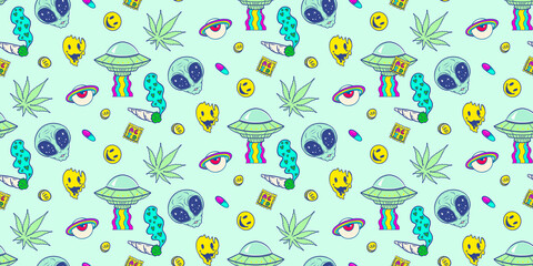 seamless psychedelic pattern with alien, weed, spaceship, stamps, rainbows, drugs, joint - obrazy, fototapety, plakaty